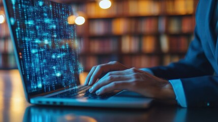Hands Typing on Laptop with Digital Code Overlays in Library Setting