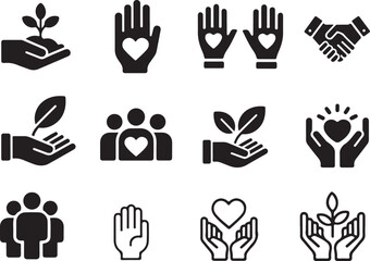 Obraz premium Hands Holding Heart and Growing Plant Icon Set – Vector Illustration of Care, Love, and Nature.