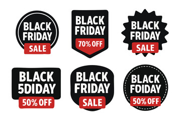 Obraz premium A collection of Black Friday sale badges and promotional stickers in various shapes, showcasing discounts and special offers for retail businesses and marketing campaigns.