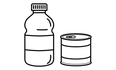 災害備蓄用ペットボトルと缶詰の線画アイコン