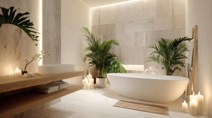 Fototapeta premium luxury spa-style bathroom, natural stone, wooden accents, soft lighting, freestanding bathtub, green plants, candles, clean and relaxing design