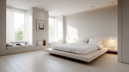 Fototapeta premium minimalist bedroom interior with low platform bed, white bedding, soft lighting, light wood flooring, no clutter, neutral color palette, peaceful atmosphere 