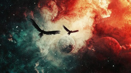 Fototapeta premium Two birds soar through a vibrant cosmic landscape.