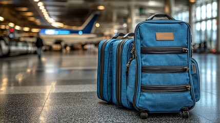 Blue Travel Suitcases at Airport Terminal with Airplane in Background