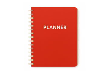 Red planner notebook on a transparent background, perfect for adding to designs or presentations related to planning, scheduling, or productivity