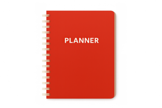 Red planner notebook on a transparent background, perfect for adding to designs or presentations related to planning, scheduling, or productivity