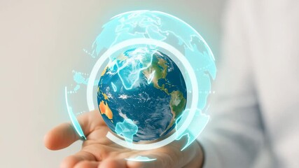 Human hand holding a holographic digital Earth model. Concept of global technology, connectivity, environment, and innovation in modern world - Powered by Adobe
