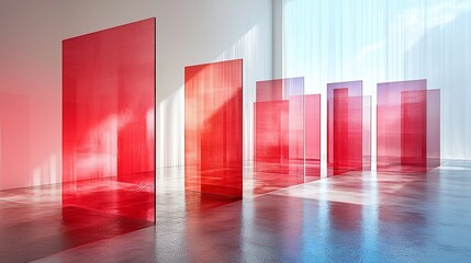Red Glass Panels in Modern Interior, Sunlight Filtering Through