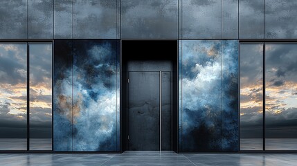 Modern building facade with dramatic clouds, urban entrance