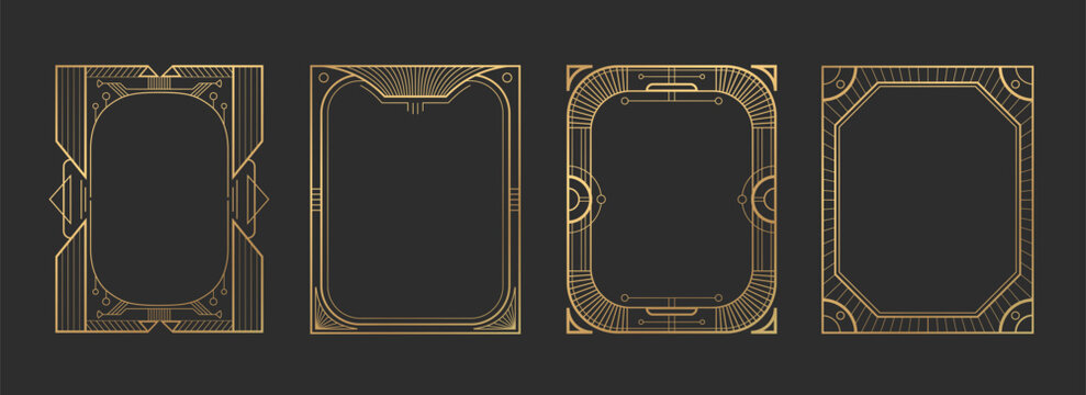 Art deco gatsby frame set - golden geometric borders with elegant line patterns, vintage ornamental rectangles of 1920s style decorative elements for luxury invitations, certificates or retro design