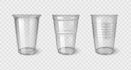 Clear plastic disposable cups collection - transparent drinking vessels with different designs. Empty beverage containers for cold drinks. Recyclable drinkware packaging for commercial branding.