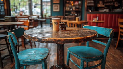 Rustic cafe table, vibrant chairs, busy interior, coffee shop scene