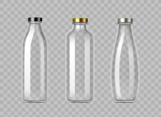 Empty glass milk bottles with metal lids - transparent containers for dairy or juice beverages. Clear jug mockups with black, gold and silver caps. Blank glossy reusable packaging for drinks.