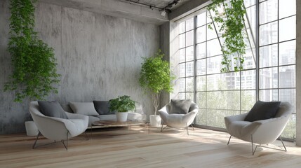 Fototapeta premium modern loft interior, concrete walls, large windows, minimal furniture, green plants, wooden floor, urban jungle style