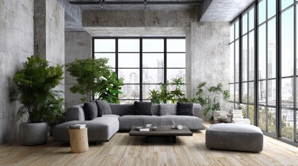 Obraz premium modern loft interior, concrete walls, large windows, minimal furniture, green plants, wooden floor, urban jungle style