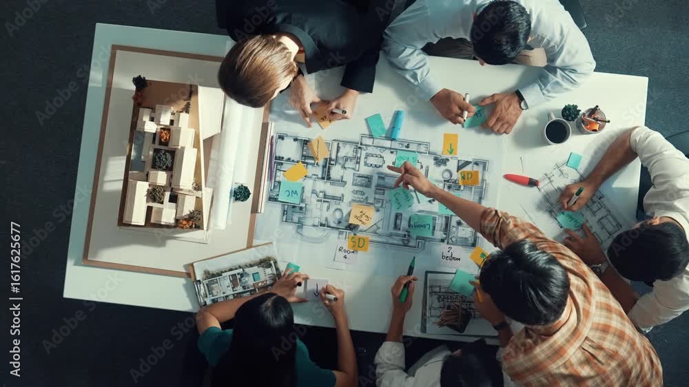 Poster top aerial view of project manager or civil engineer writing at blueprint and planning building desi