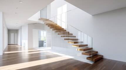Obraz premium modern staircase interior, floating wooden steps, glass railing, white walls, minimalist hallway, sunlight 