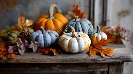 Three White Pumpkins and Autumn Leaves on a Rustic Blue Wooden Bench, A close-up view of three small, white pumpkins sitting amongst vibrant orange and yellow autumn leaves on a weathered, light blue 