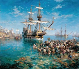 Large ship, arrival, shore crowd, historical