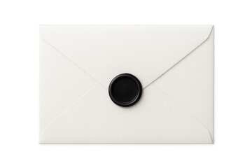 White envelope closed, sealed with black wax, showcasing communication security against transparent backdrop
