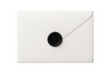 White envelope closed, sealed with black wax, showcasing communication security against transparent backdrop