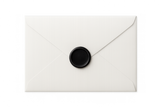 White envelope closed, sealed with black wax, showcasing communication security against transparent backdrop