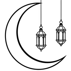 Crescent Moon with Hanging Lanterns – Minimal Line Art 