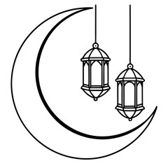 Crescent Moon with Hanging Lanterns – Minimal Line Art 