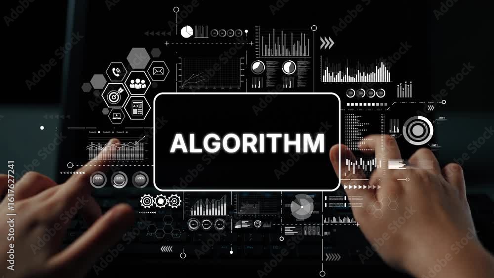 Poster hands typing on laptop with overlay of algorithm visualizations and data analytics elements for tech