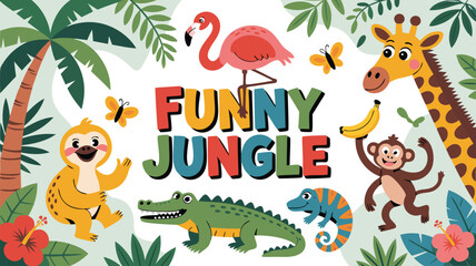 Cartoon Funny Jungle Animals Illustration Featuring Sloth, Giraffe, Crocodile, Monkey, Flamingo, and Banana