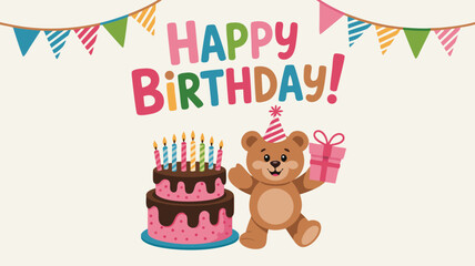 Obraz premium Cartoon Happy Birthday Cake With Candles, Party Flags, and Smiling Teddy Bear Holding Gift