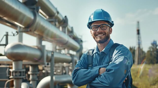 Portrait of happy young engineer at industrial plant. Oil and gas industry, energy and professional occupation concept for banner. Horizontal banner