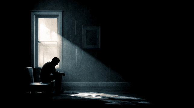 Depression and loneliness are expressed by a man sitting alone in a dark room with a single ray of light from a window, abstract conceptual art representing sorrow, isolation, and anxiety.

