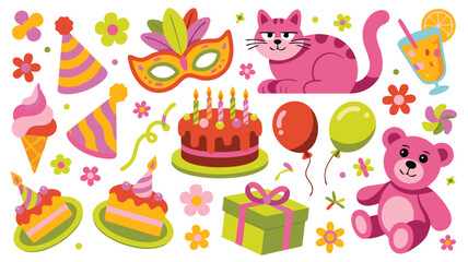 Colorful Birthday Party Elements Cake, Balloons, Cat, Bear, Mask, and More, Isolated