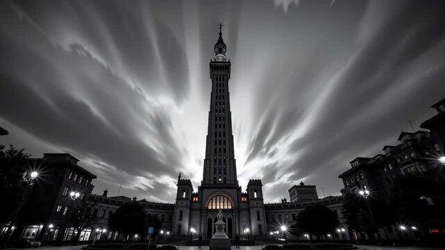 Historic clock tower standing tall in a bustling cityscape surrounded by modern architecture
