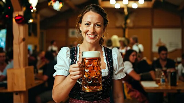 Happy woman in traditional dirndl dress holding beer mug. Oktoberfest celebration, bavarian culture and festival concept for banner. Vertical banner