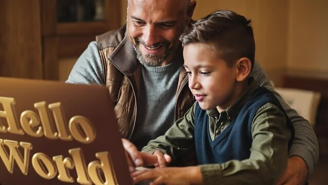 A father and son happily engage with a laptop displaying "Hello World," suggesting shared learning and technology exploration.