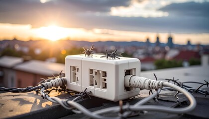 Ants On A White Box With Barbed Wire At Sunset Cityscape