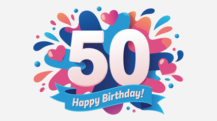 Colorful Fiftieth Birthday Celebration White Numbers, Hearts, Ribbons, and Playful Design Elements for Milestone Anniversary