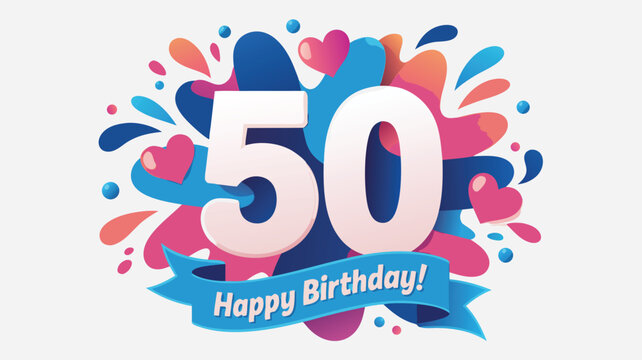 Colorful Fiftieth Birthday Celebration White Numbers, Hearts, Ribbons, and Playful Design Elements for Milestone Anniversary