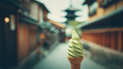 The creamy spirals of a rich matcha soft-serve cone are featured up close, centered in the frame, as the softly defocused background suggests a charming street in Nara or Kyoto, complete with old