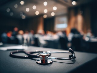 Stethoscope on table at medical conference