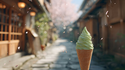 A close-up of a textured waffle cone filled with vibrant green matcha soft-serve, highlighted by natural daylight, with the subtly blurred background depicting a serene Japanese village street,