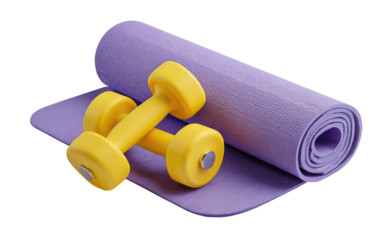 A rolled-up purple exercise mat with a pair of yellow dumbbells resting on top