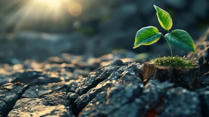 Sunrise Sapling Resilience on Volcanic Rock. - Powered by Adobe