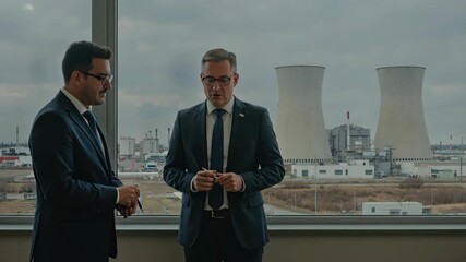 Two businessmen talking in office with view of nuclear power plant. Business meeting, energy industry and corporate strategy concept for banner. Horizontal banner