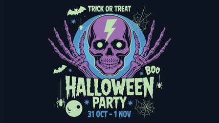 Halloween Party Invitation Featuring Skull, Lightning Bolt, and Skeleton Hands Illustration, 31 Oct 1 Nov