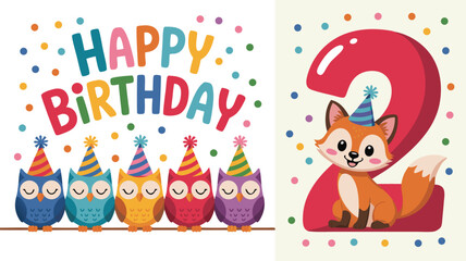 Happy Second Birthday Card Featuring Cartoon Owls with Party Hats and a Fox with Number Two