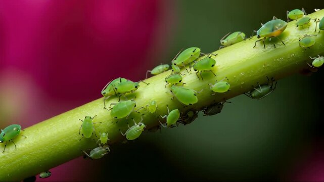 Close up, selective focus shot of green aphids crawling on plant stem against blurred background. Concept of pest problems in gardens and agriculture. For pest control service banner.