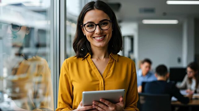 Confident businesswoman with glasses smiling at camera while holding tablet in bright, modern office. Concept of success, technology, and female leadership. For corporate or startup banner